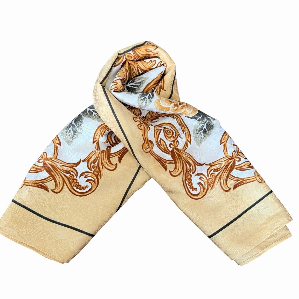 Vintage Baroque Floral Scarf Gold Cream Satin Square Head Neck Wrap - Picture 8 of 8